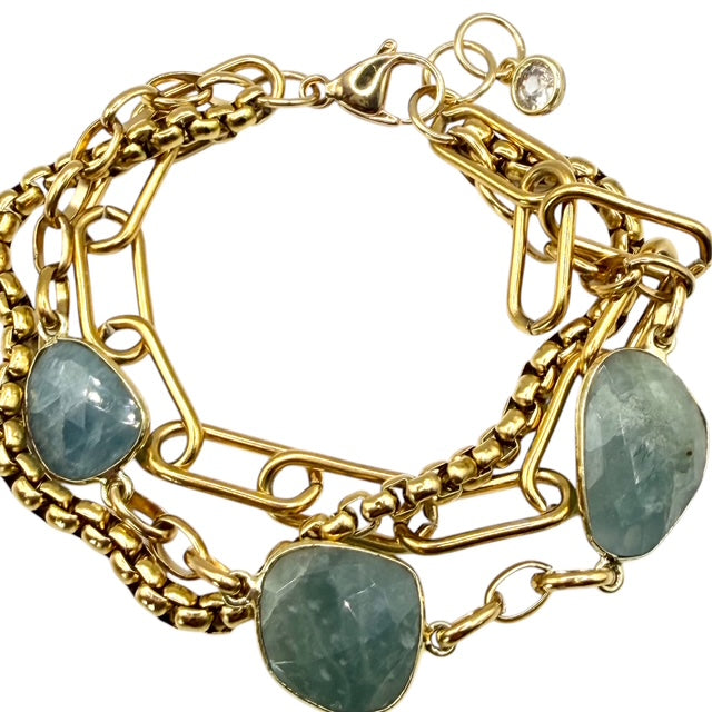 Genuine Gemstone Triple Strand Gold Bracelet