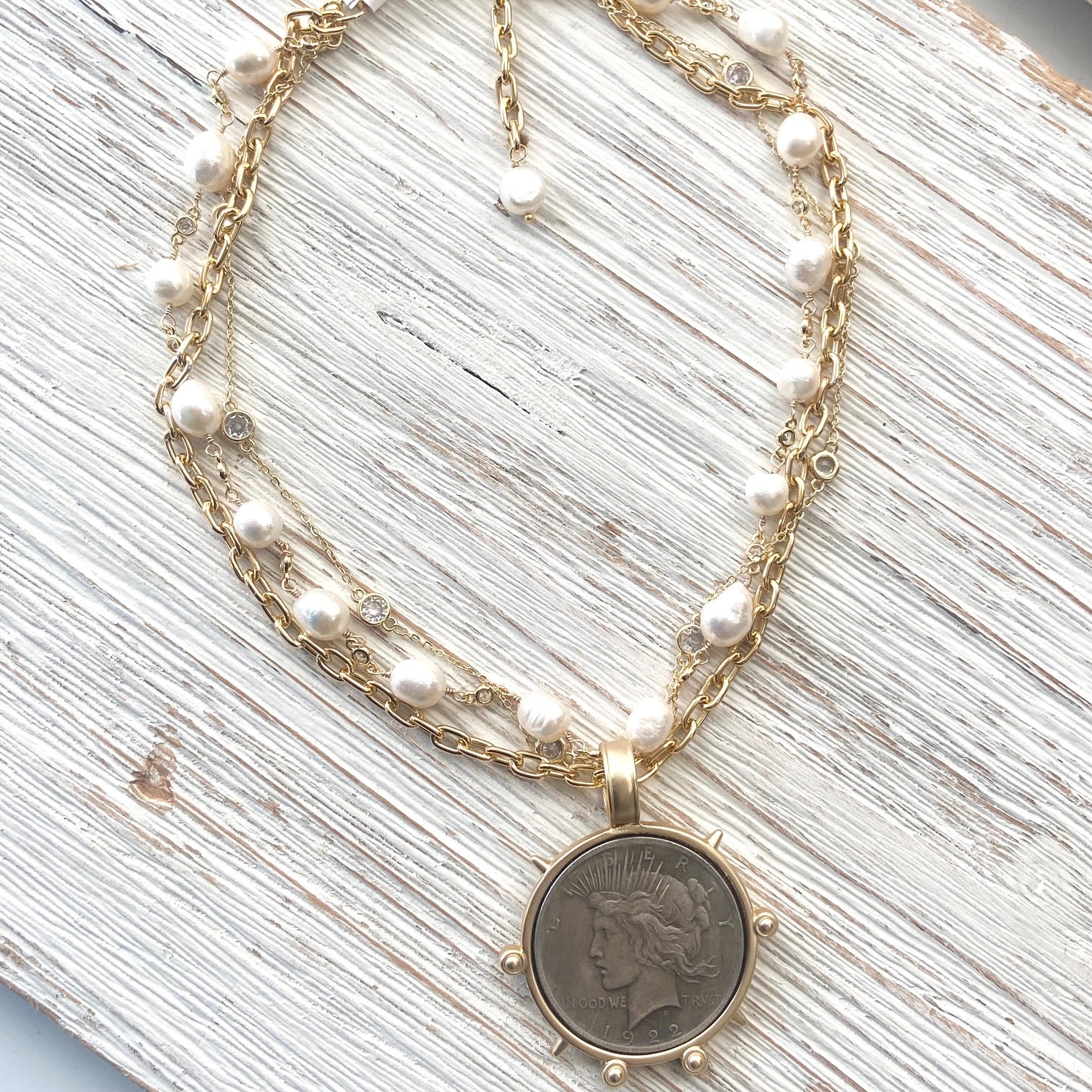 Pearl coin French medallion necklace boutique ocean salon