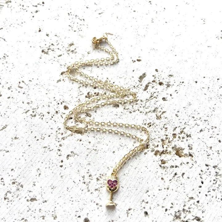 Red Crystal Heart Wine Glass  Dainty Necklace