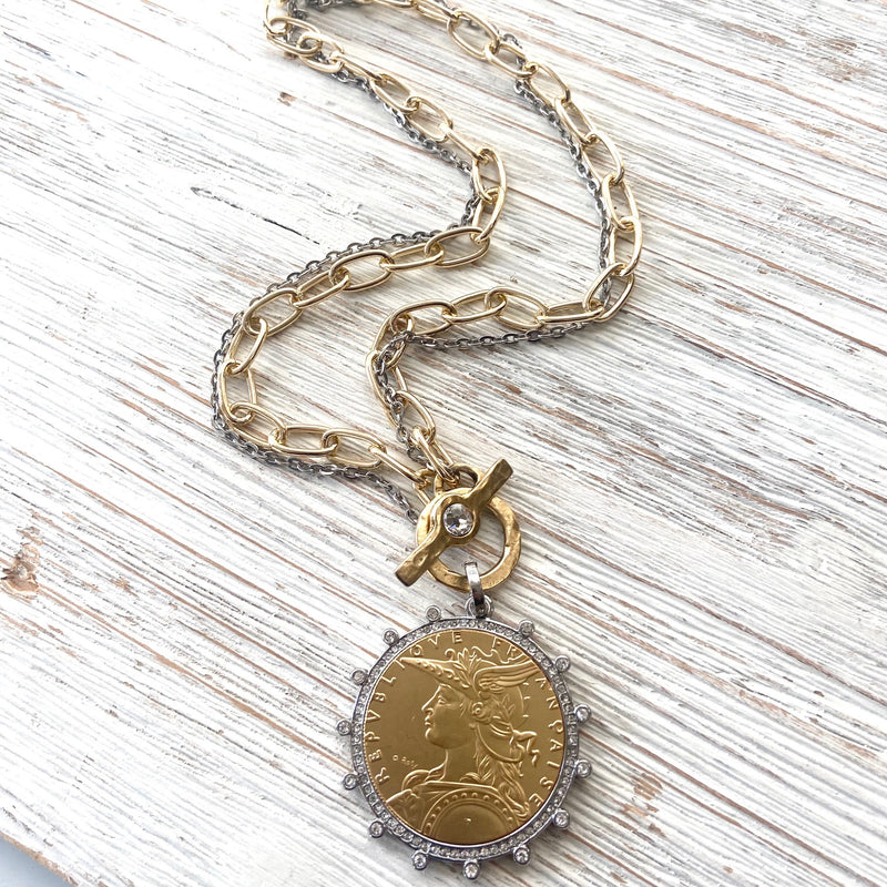 French coin medallion necklace boutique jewelry mixed metal