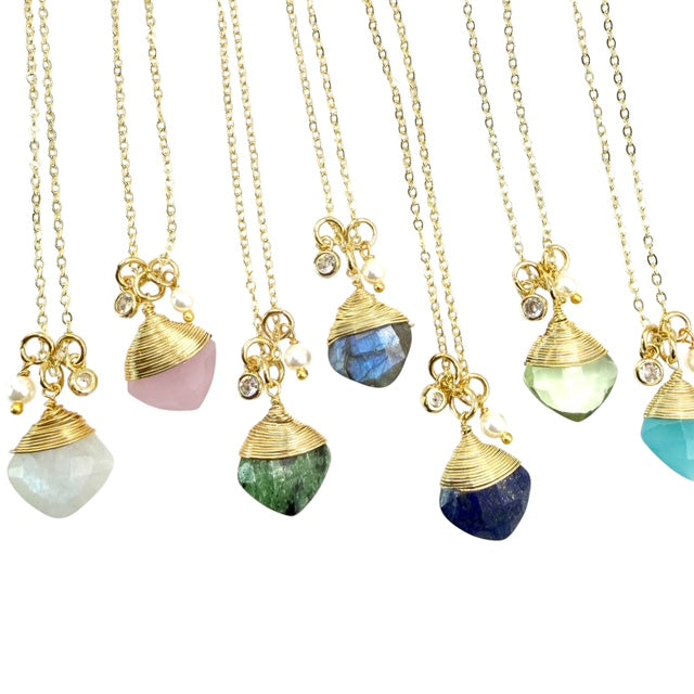 Genuine Chalcedony Gemstone wrapped necklace gold Aqua