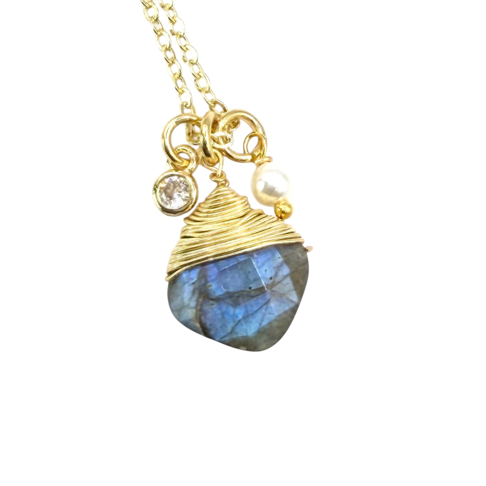 Genuine Chalcedony Gemstone wrapped necklace gold Aqua