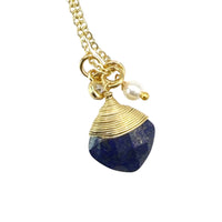 Genuine Chalcedony Gemstone wrapped necklace gold Aqua