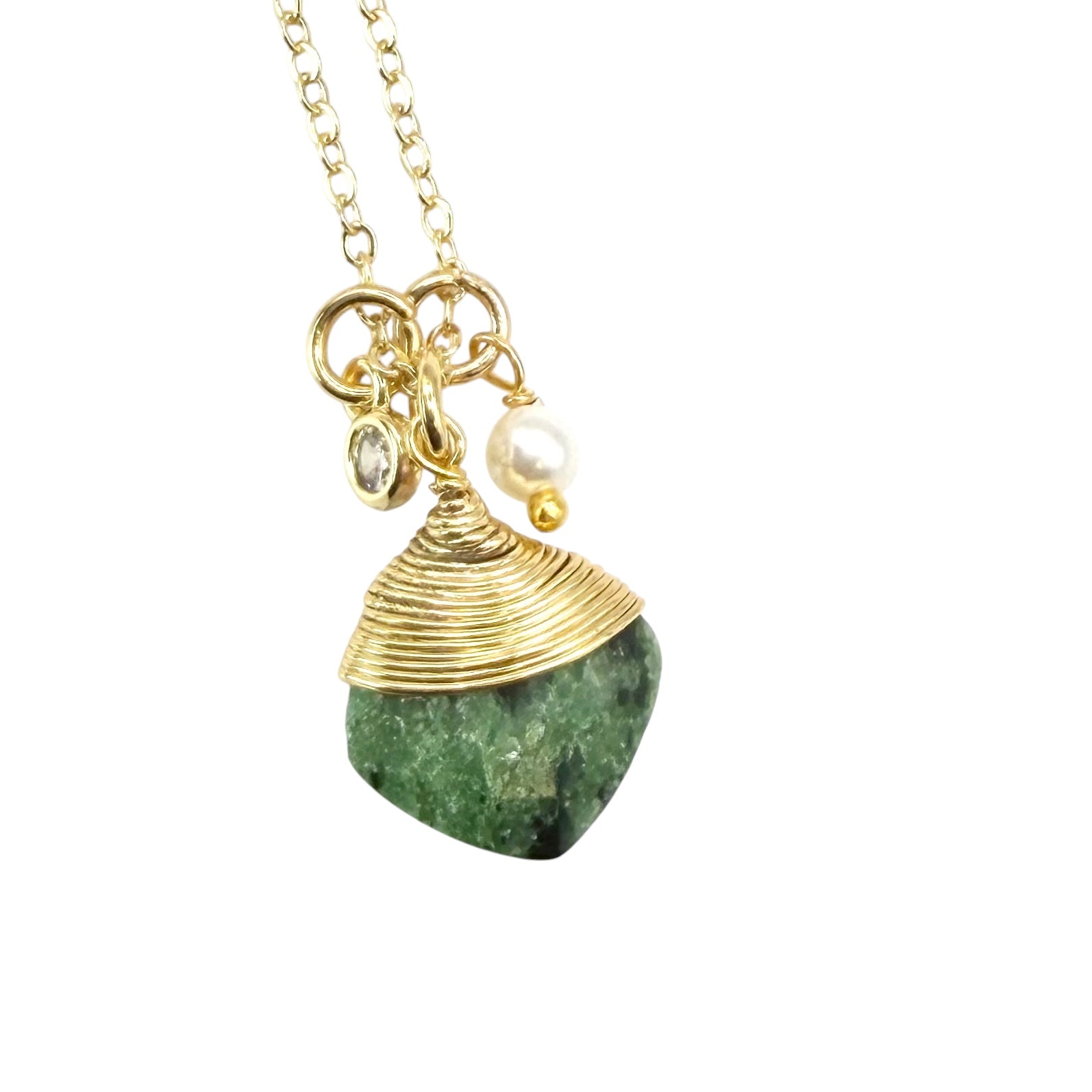 Genuine Chalcedony Gemstone wrapped necklace gold Aqua