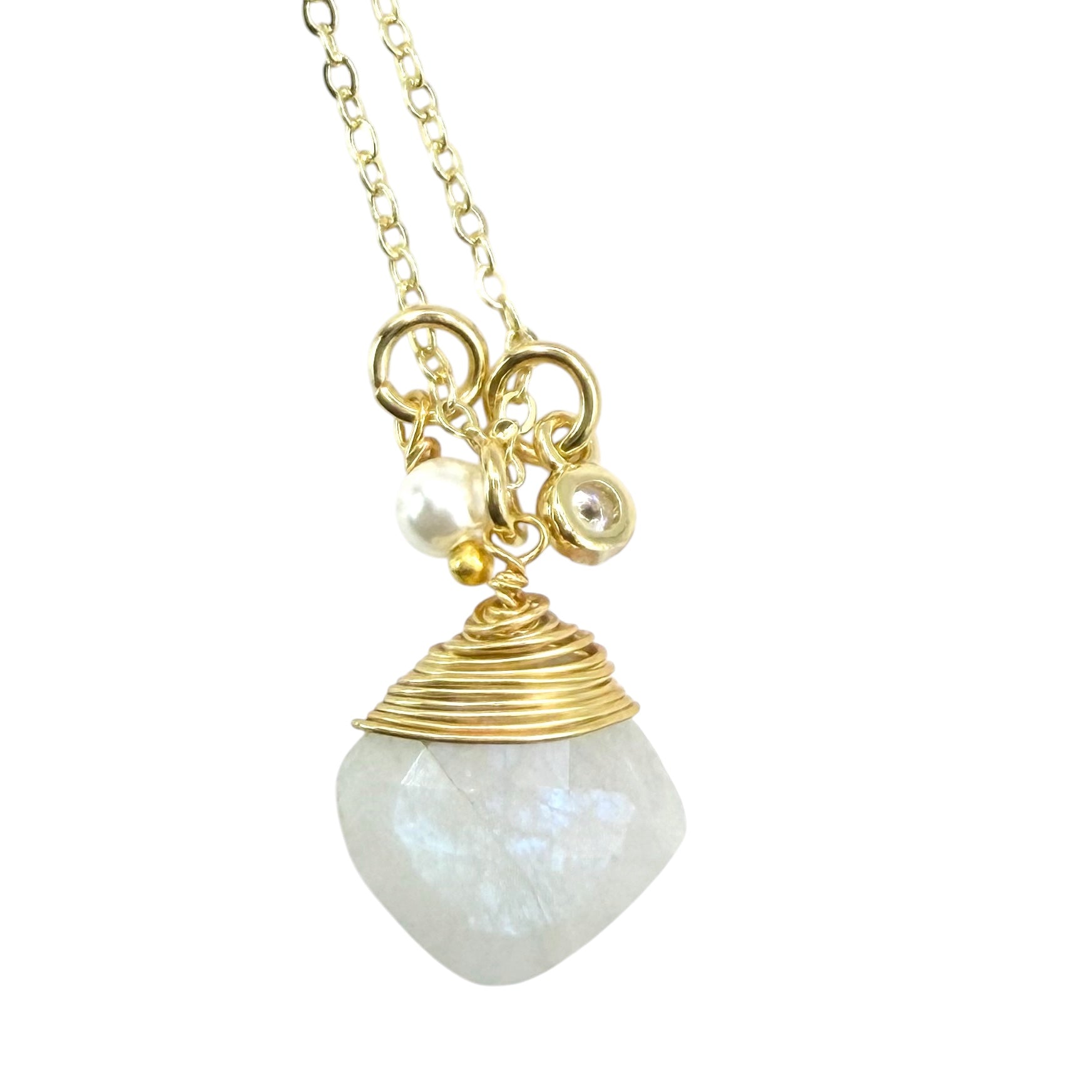 Genuine Chalcedony Gemstone wrapped necklace gold Aqua