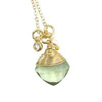 Genuine Chalcedony Gemstone wrapped necklace gold Aqua