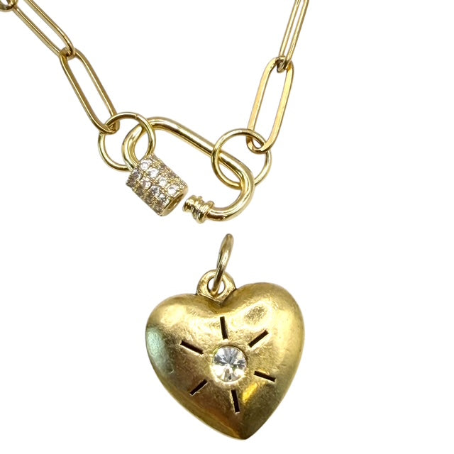 Hand-Casted Heart Crystal Carabiner Gold necklace