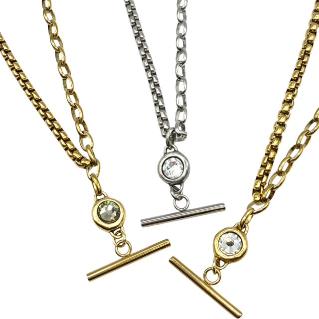 Stainless Steel Mixed Chain T-Bar Swarovski Crystal Necklace