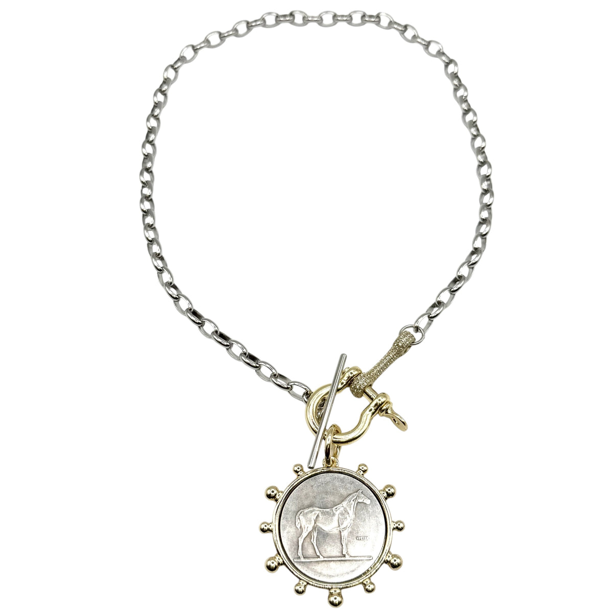 Mixed Metal Industrial Toggle Horse Coin Necklace