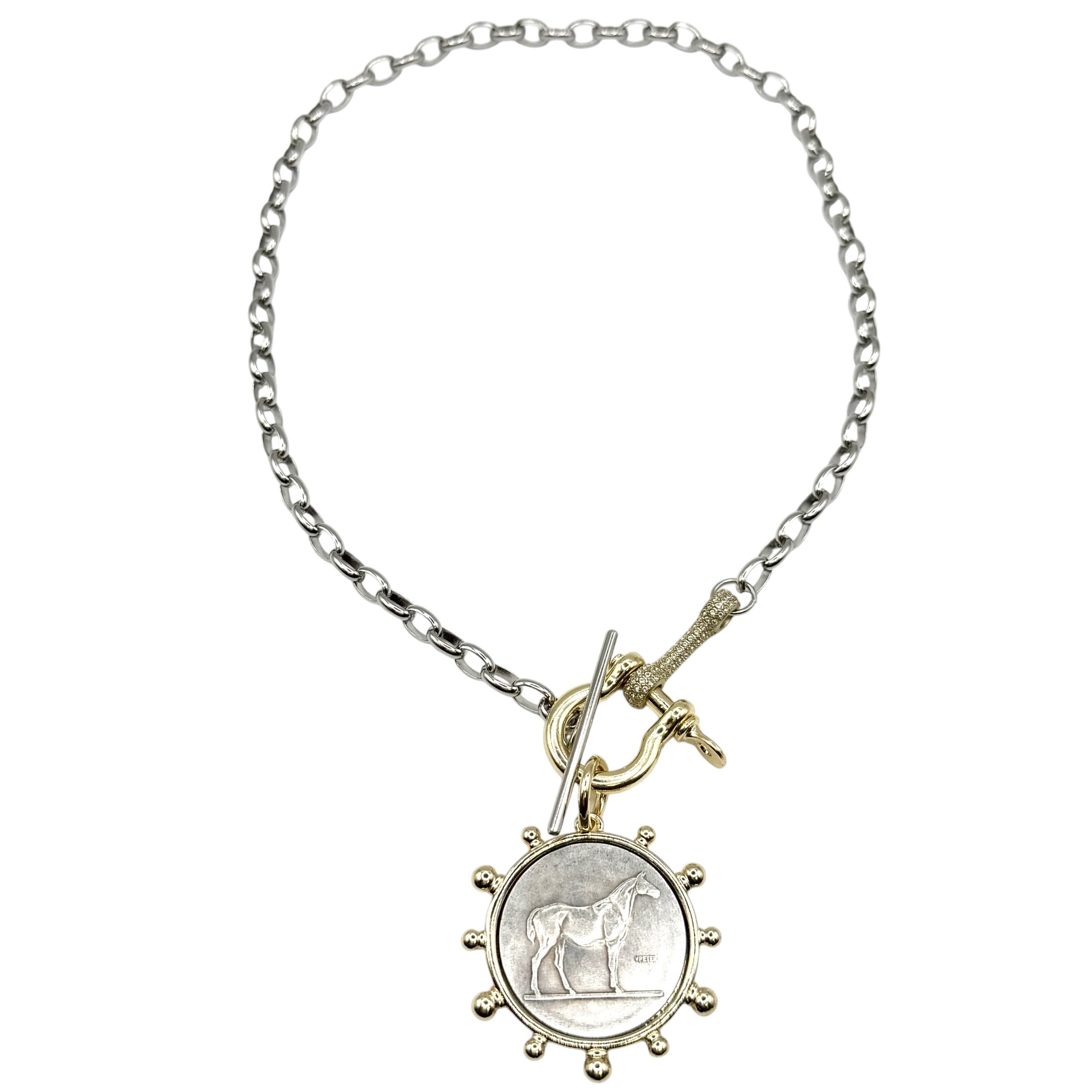 Mixed Metal Industrial Toggle Horse Coin Necklace