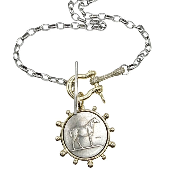 Mixed Metal Industrial Toggle Horse Coin Necklace